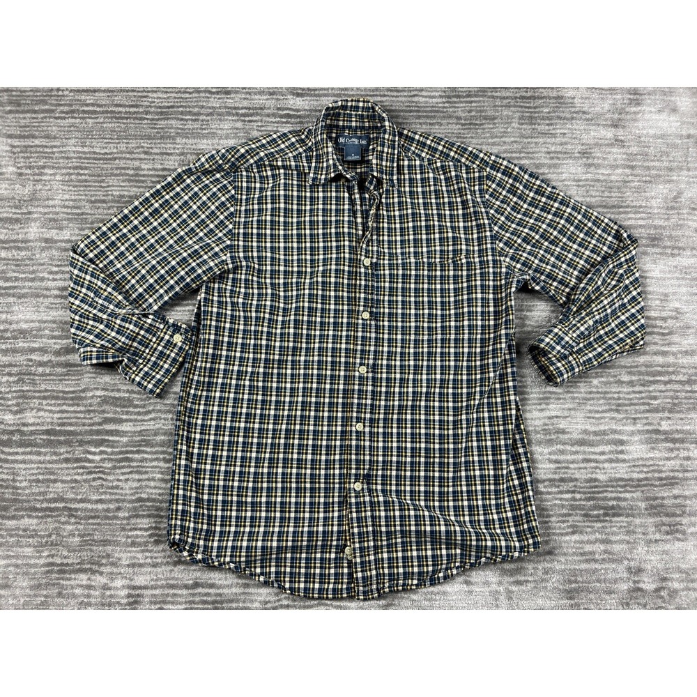 Old College Inn Button Down Mens Medium Navy Yellow Plaid Cotton Long Slv Shirt